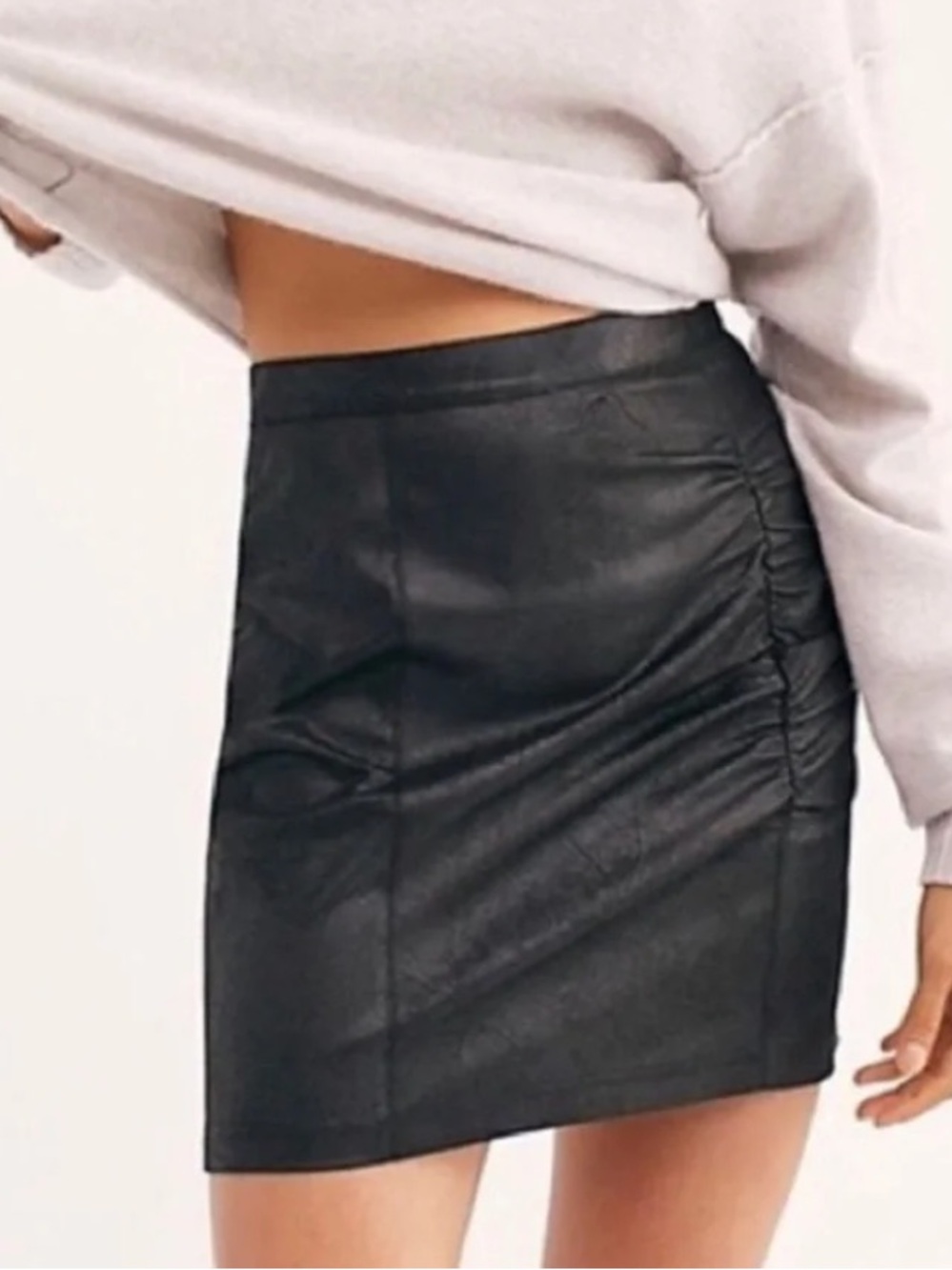 Free People Black Faux Leather Mini Skirt with Side Ruching size M - Picture 2 of 6